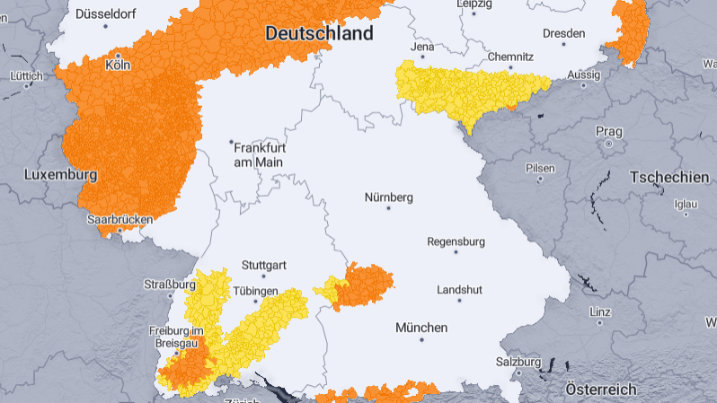 Unwetterkarte für Deutschland: Besonders im Süden und in der Mitte des Landes kommt es zu Gewittern.