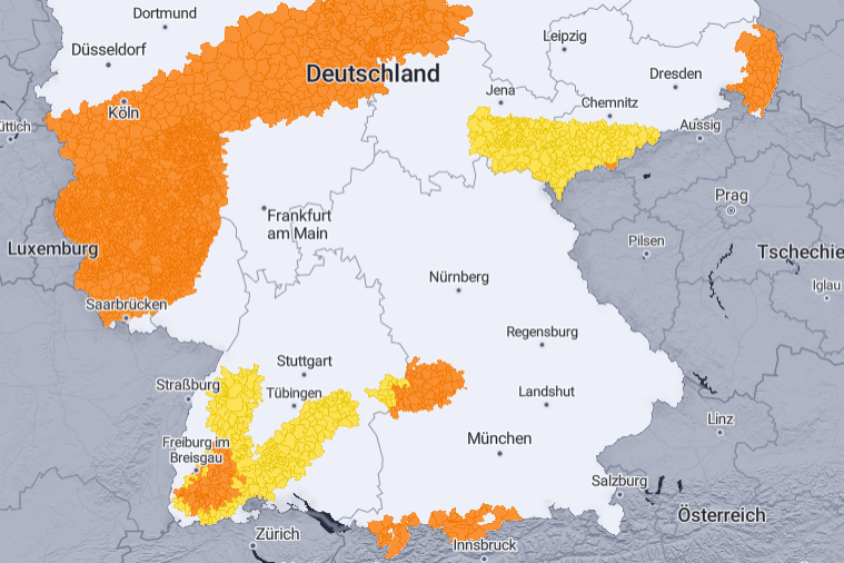 Unwetterkarte für Deutschland: Besonders im Süden und in der Mitte des Landes kommt es zu Gewittern.