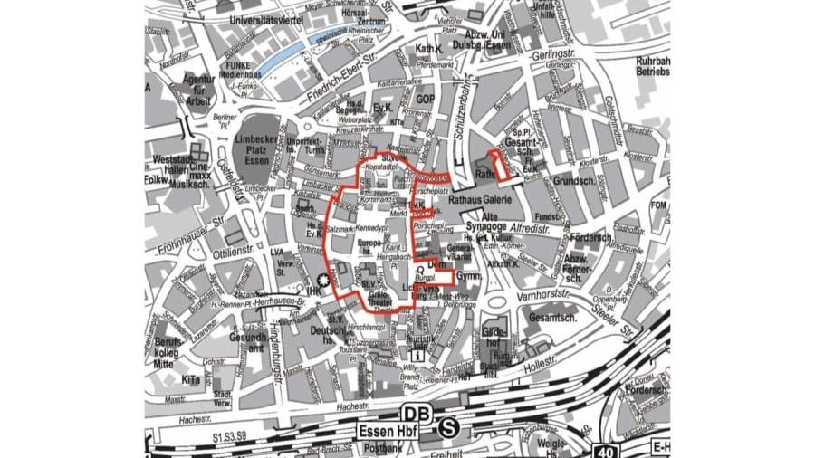 Der Bereich für das Glasverbot in der Essener Innenstadt.