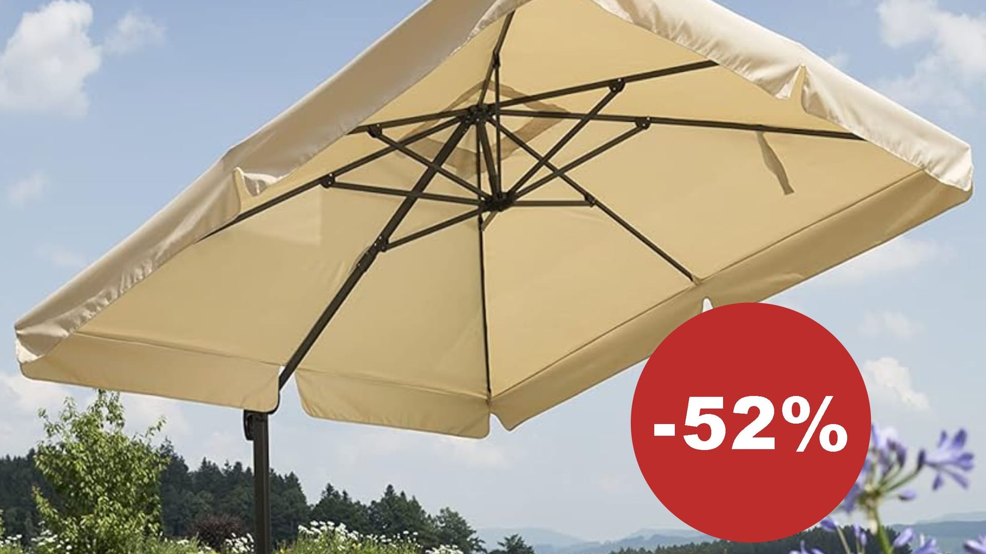 Der Rhodos-Sonnenschirm schützt mit UV 50+ und ist heute um die Hälfte reduziert im Angebot. Der Rhodos-Sonnenschirm schützt mit UV 50+ und ist heute um die Hälfte reduziert im Angebot.