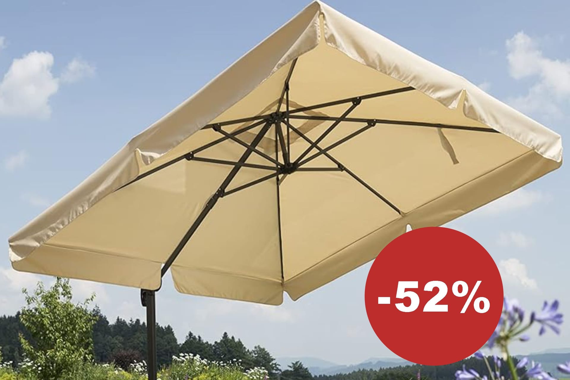 Der Rhodos-Sonnenschirm schützt mit UV 50+ und ist heute um die Hälfte reduziert im Angebot.