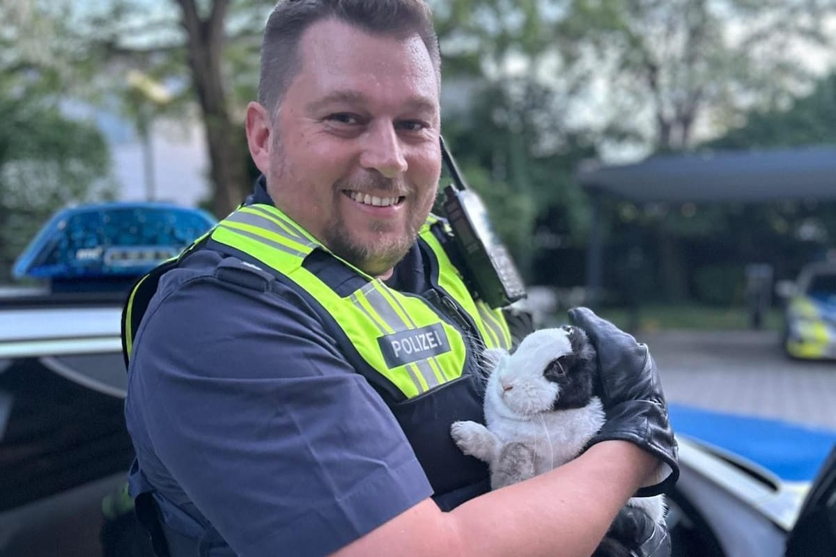 Ein Polizist mit dem geretteten Tier: Dem Kaninchen geht es gut.