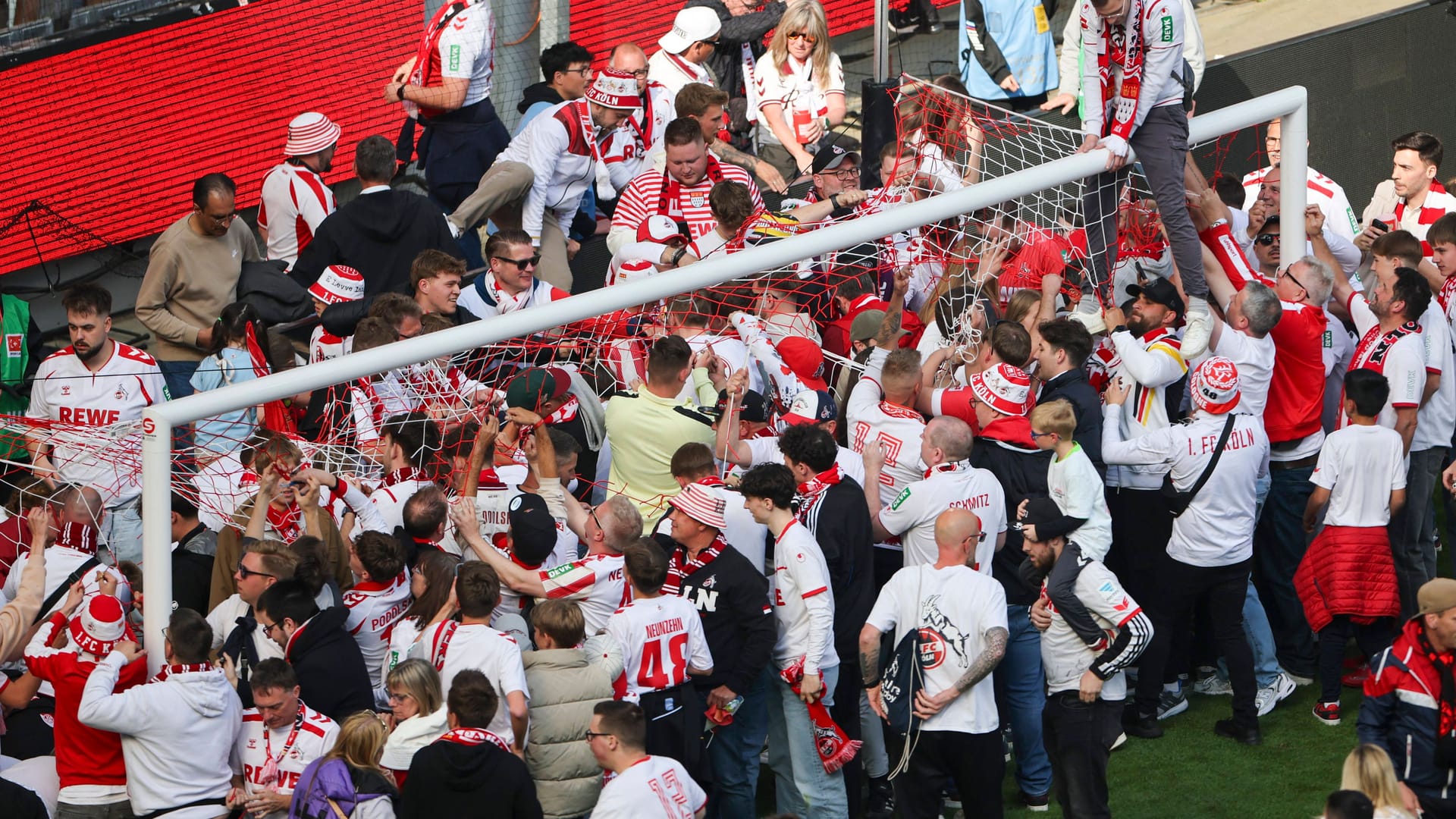 Fans des 1. FC Köln schneiden nach dem Schlusspfiff Teile des Tornetzes ab.
