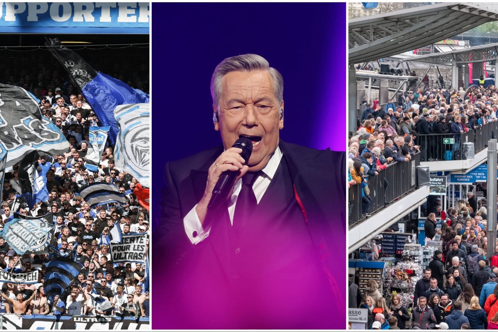 HSV-Fans im Stadion, Roland Kaiser und Menschen im Hafen (Collage): In Hamburg wird es am Wochenende mehr als eng.