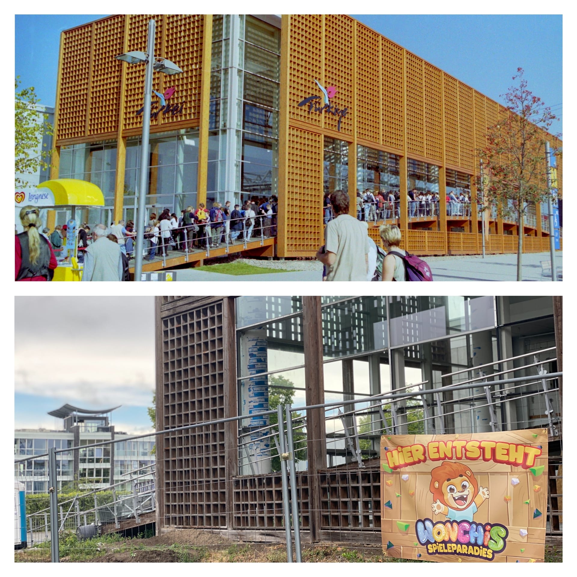 Früher (oben) und heute (unten): 2025 soll der ehemalige türkische Pavillon zum Indoor-Spielplatz werden.