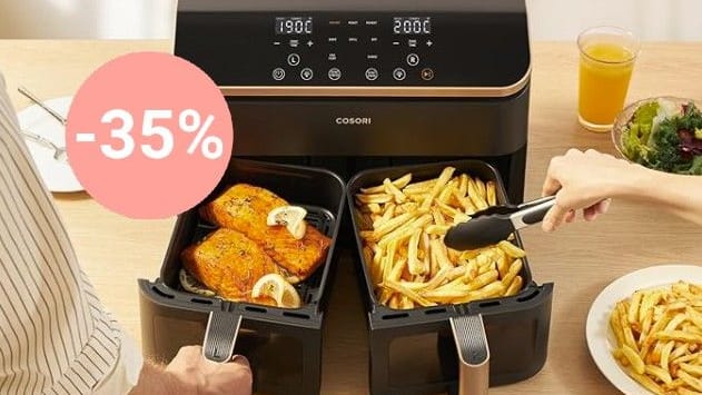 Zubereitung auf Knopfdruck: Die Testsieger-Heißluftfritteuse von Cosori mit zwei Kammern gibt es zum Tiefpreis.