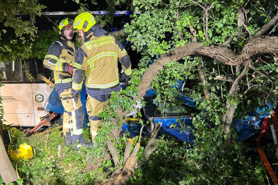 Einsatzkräfte an der Unfallstelle: Das Fahrzeug hatte sich zwischen Büschen und Bäumen verkeilt.