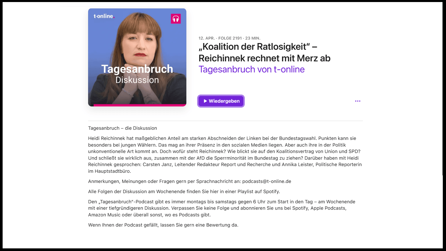 Screenshot der Shownotes einer Podcastfolge auf Apple Podcasts