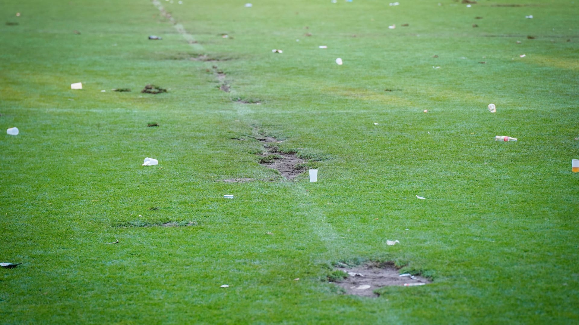Löcher im Rasen nach dem Platzsturm im Rheinenergiestadion am Wochenende (Archivfoto): Ein komplett neuer Rasen soll erst nach einem Konzert verlegt werden.