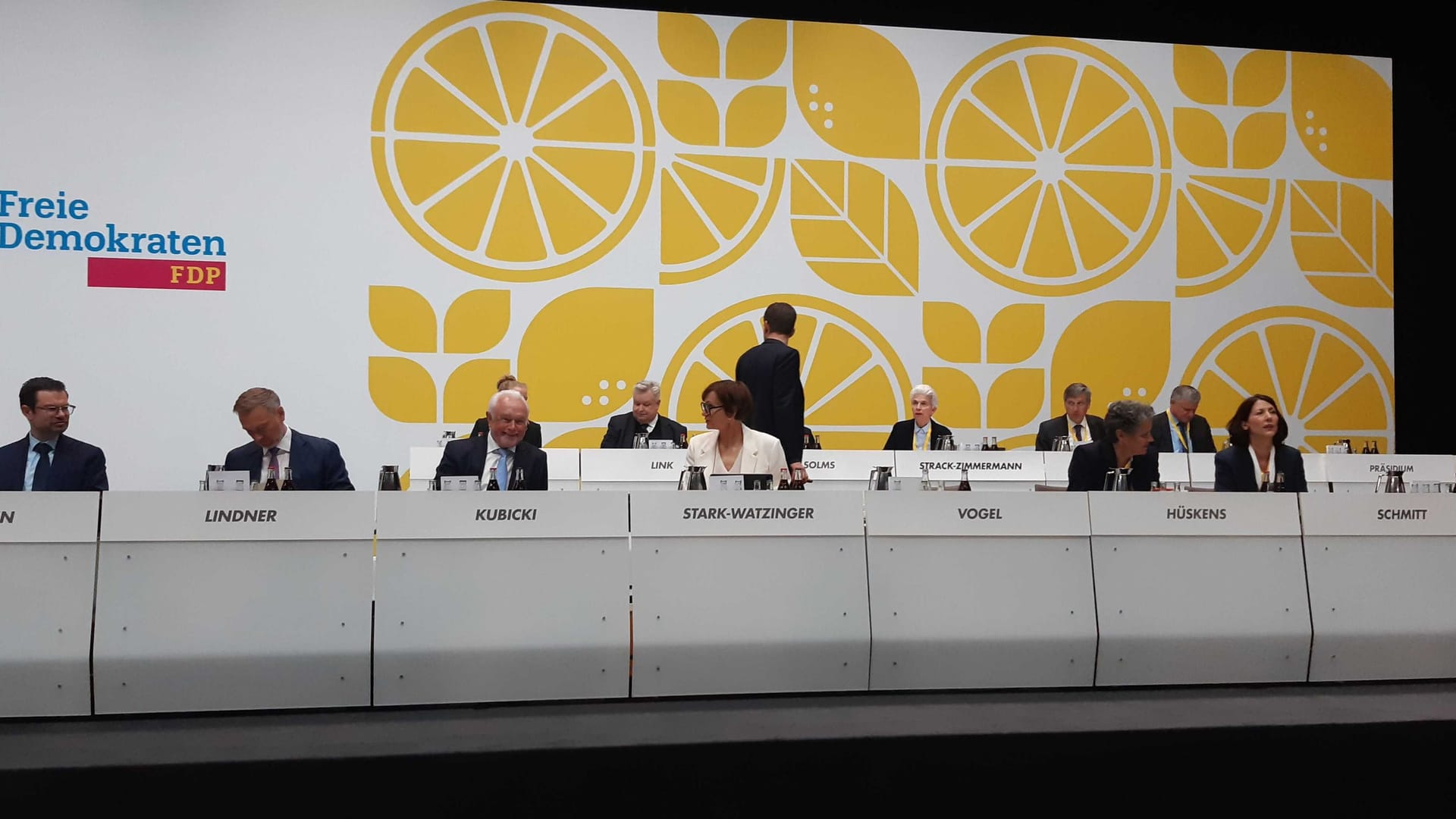 Das alte FDP-Präsidium: Die Zitrone ist das Logo des Parteitags, das zugehörige Motto lautet "Wenn das Leben dir Zitronen gibt, mach Limonade daraus."