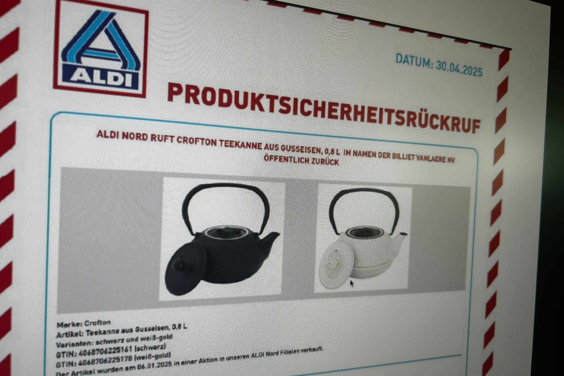 Die beiden Teekannen der Marke Crofton enthalten zu hohe Cobaltwerte.