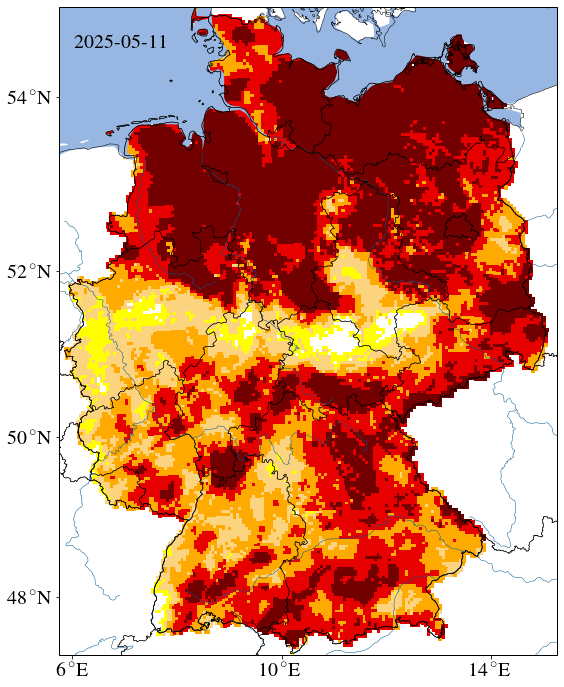 Wetterextrem: Ausmaß der Dürre im Oberboden am 11. Mai 2025. Mit Knallrot wird "extreme Dürre" gekennzeichnet. Bordeauxrot zeigt "außergewöhnliche Dürre" an.
