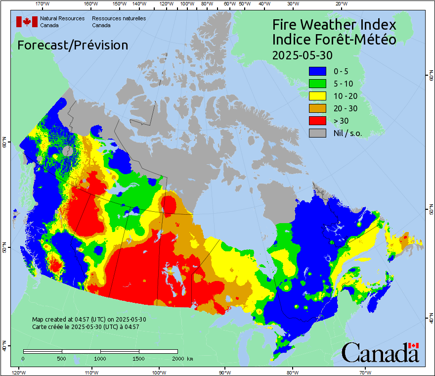 Die aktuelle Brandgefahrenkarte von Kanada: Vor allem die Provinz Manitoba ist betroffen.
