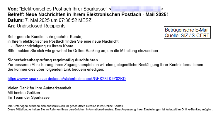 Mit dieser und ähnlichen E-Mails sollen Sparkassen-Kunden in die Falle gelockt werden.