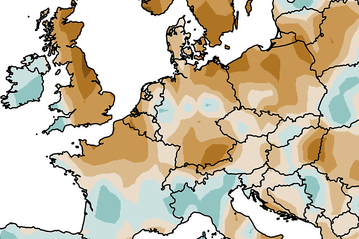 Die Niederschlagskarte für Europa: Im Mai ist bisher nur ein Bruchteil des Niederschlags gefallen, der im langjährigen Mittel üblich ist.