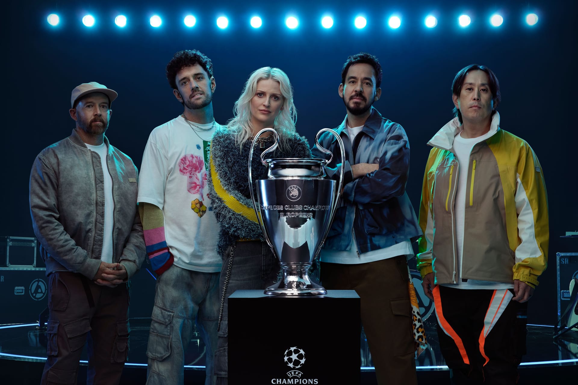 Wollen den Fans vor dem Champions-League-Finale einheizen: (v.l.) Dave Farrell, Colin Brittain, Emily Armstrong, Mike Shinoda und Joe Hahn.