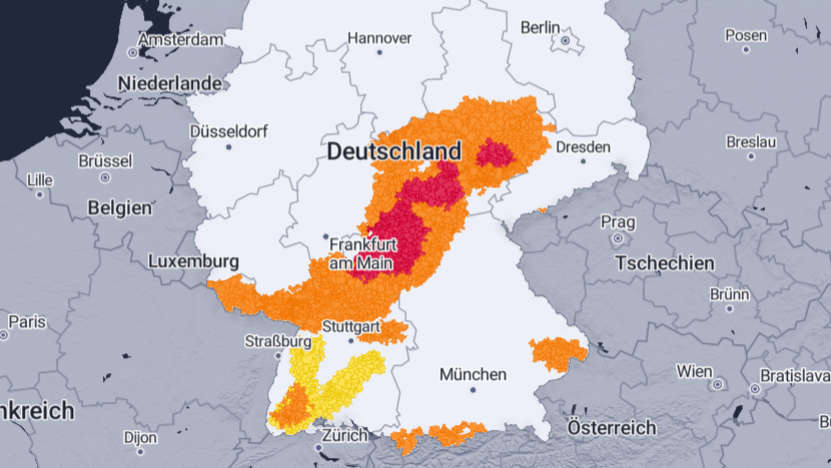 Unwetterkarte für Deutschland: Besonders in der Mitte und im Süden des Landes kommt es zu Gewittern.