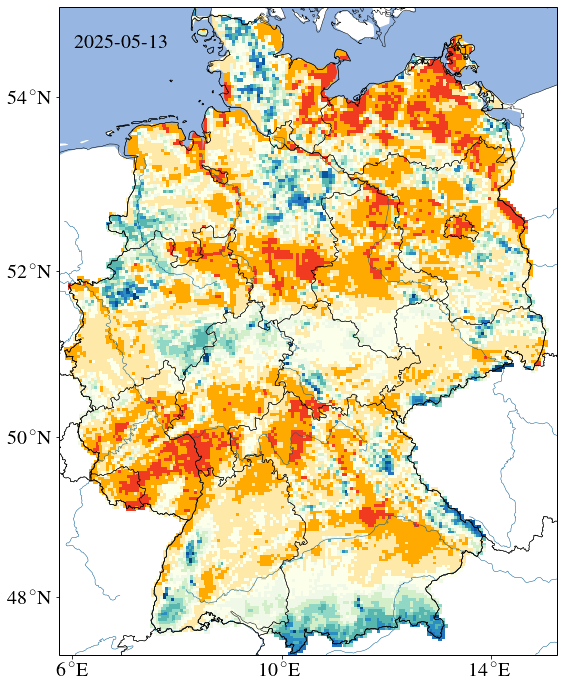 Die Karte des Helmholtz-Zentrums für Umweltforschung zeigt das pflanzenverfügbare Wasser: Gelb bedeutet Trockenstress, Rot markiert den Welkepunkt, ab dem so wenig Wasser im Boden ist, dass Pflanzen es nicht mehr aufnehmen können.