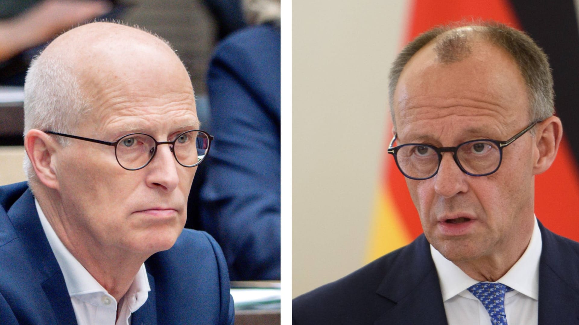 Hamburgs Erster Bürgermeister Tschentscher und Bundeskanzler Merz (Montage): Beide telefonierten am Freitagabend wegen der Bluttat am Hauptbahnhof. Hamburgs Erster Bürgermeister Tschentscher und Bundeskanzler Merz (Montage): Beide telefonierten am Freitagabend wegen der Bluttat am Hauptbahnhof.