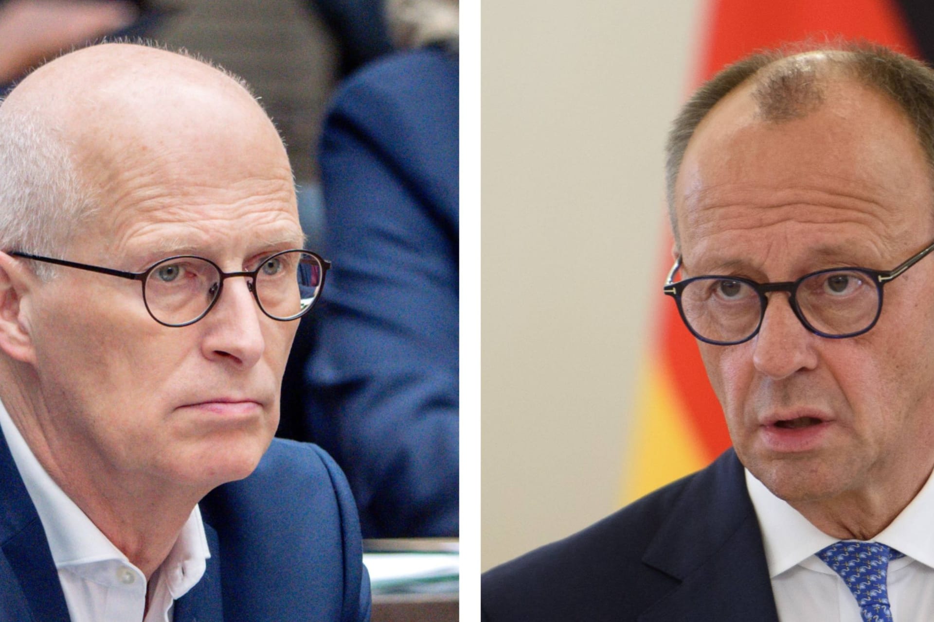 Hamburgs Erster Bürgermeister Tschentscher und Bundeskanzler Merz (Montage): Beide telefonierten am Freitagabend wegen der Bluttat am Hauptbahnhof.