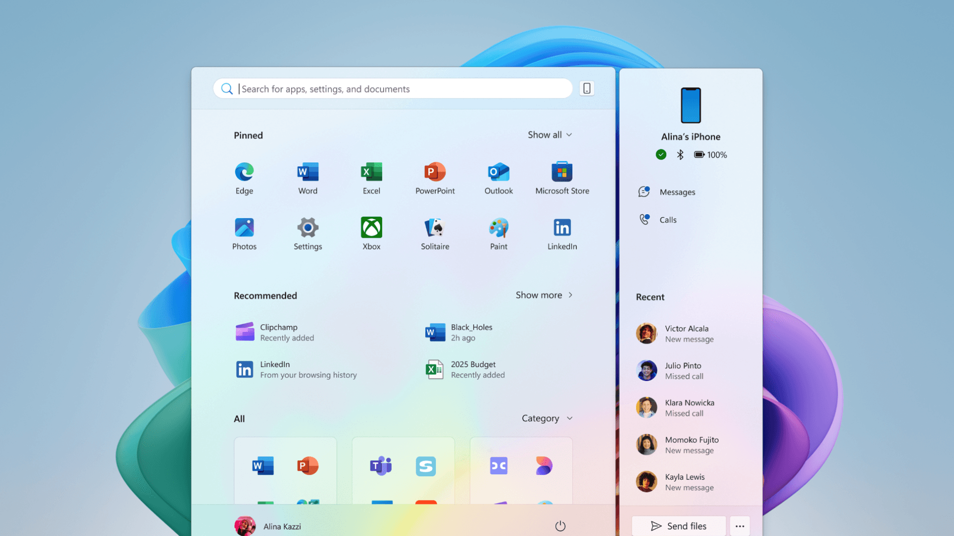 Windows 11: Das neue Startmenü wird um Informationen zu verbundenen Smartphones erweitert.