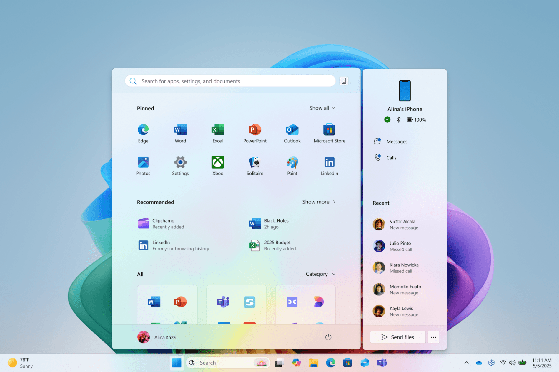 Windows 11: Das neue Startmenü wird um Informationen zu verbundenen Smartphones erweitert.
