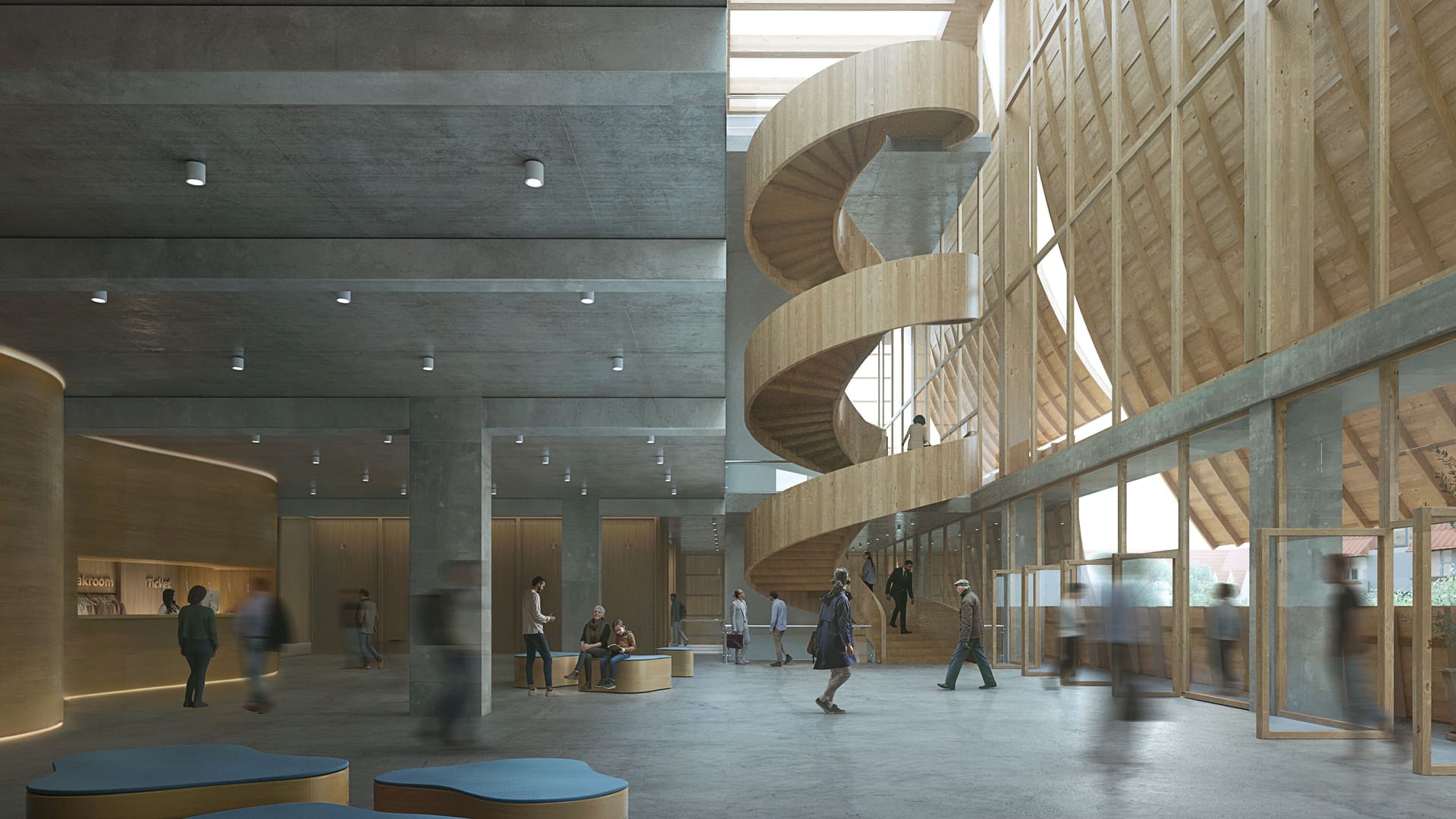 Das Foyer des geplanten Hauses der Musik: Der Entwurf setzt auf Holz, Beton und viel Transparenz.