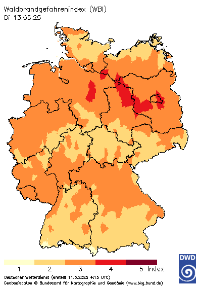 Waldbrand-Gefahrenindex des Deutschen Wetterdienstes: Durch die trockene Wetter in Deutschland steigt auch die Waldbrand-Gefahr.