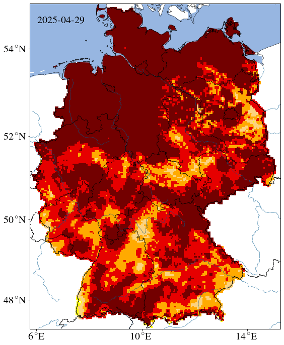Wetterextrem: Ausmaß der Dürre im Oberboden am 29. April 2025. Als knallrot wird "extreme Dürre" gekennzeichnet. Bordeauxrot zeigt "außergewöhnliche Dürre" an.