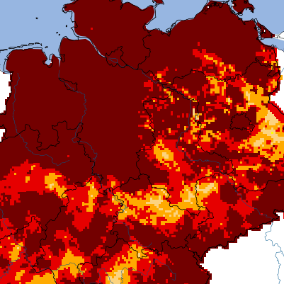 Wetterextrem: Ausmaß der Dürre im Oberboden am 29. April 2025. Als knallrot wird "extreme Dürre" gekennzeichnet. Bordeauxrot zeigt "außergewöhnliche Dürre" an.