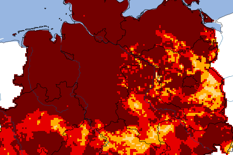 Wetterextrem: Ausmaß der Dürre im Oberboden am 29. April 2025. Als knallrot wird "extreme Dürre" gekennzeichnet. Bordeauxrot zeigt "außergewöhnliche Dürre" an.