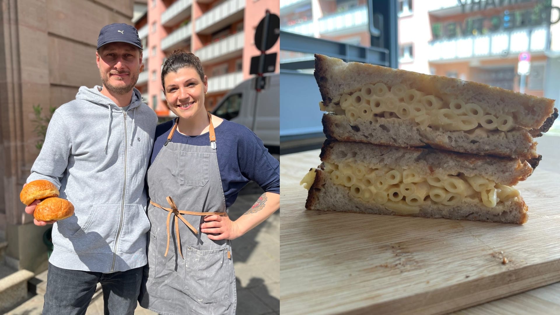 Natalie Sanseverino und Sebastian Stock vor der Coworking-Küche in St. Johannis: Hier verkaufen sie am Freitag ihre Sandwiches – unter anderem gibt es eine Kreation mit Nudeln (r). Natalie Sanseverino und Sebastian Stock vor der Coworking-Küche in St. Johannis: Hier verkaufen sie am Freitag ihre Sandwiches – unter anderem gibt es eine Kreation mit Nudeln (r).