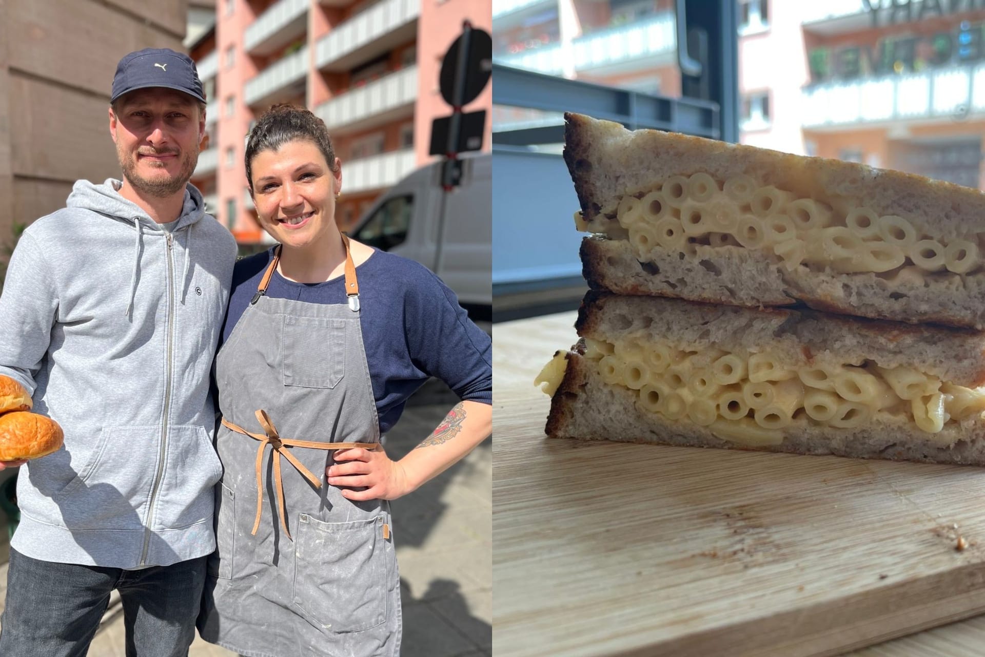 Natalie Sanseverino und Sebastian Stock vor der Coworking-Küche in St. Johannis: Hier verkaufen sie am Freitag ihre Sandwiches – unter anderem gibt es eine Kreation mit Nudeln (r).