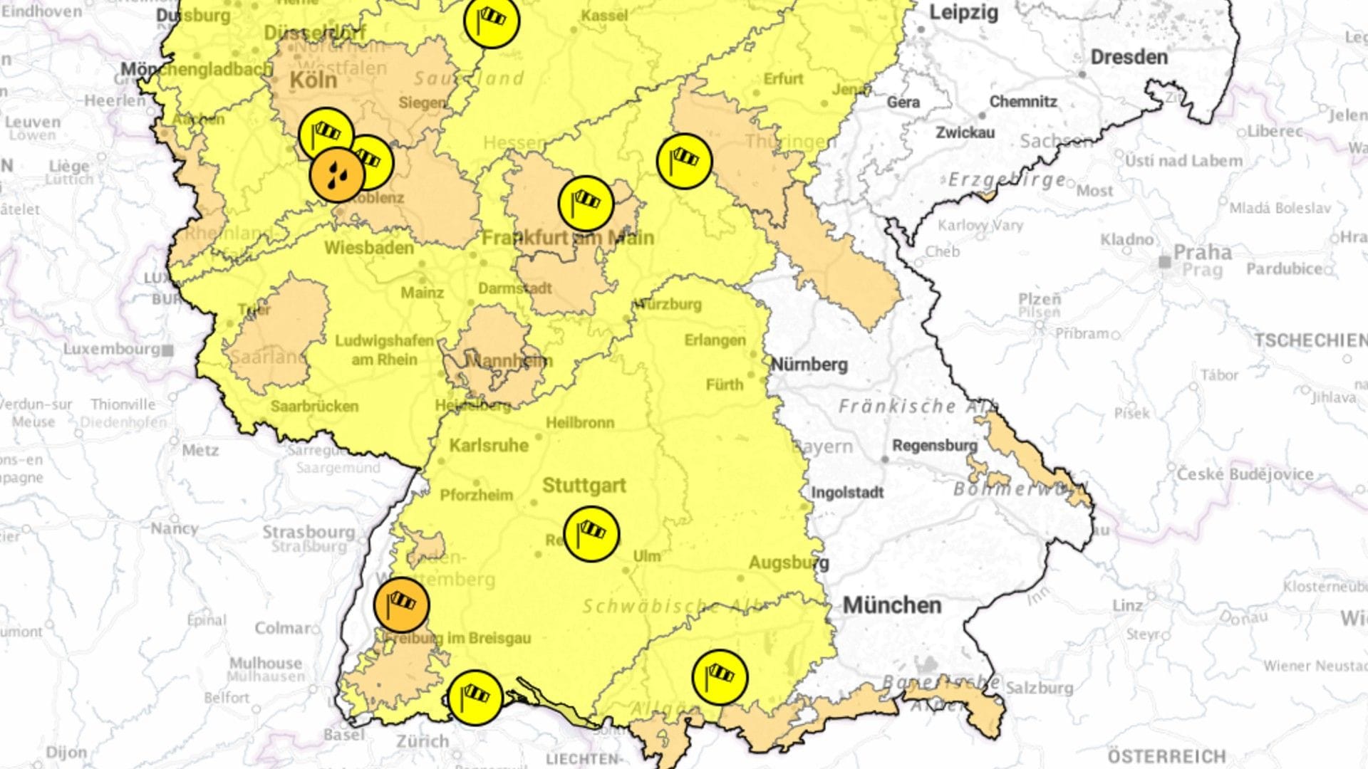 Die Warnkarte: In weiten Teilen Deutschlands herrscht laut DWD Gefahr.
