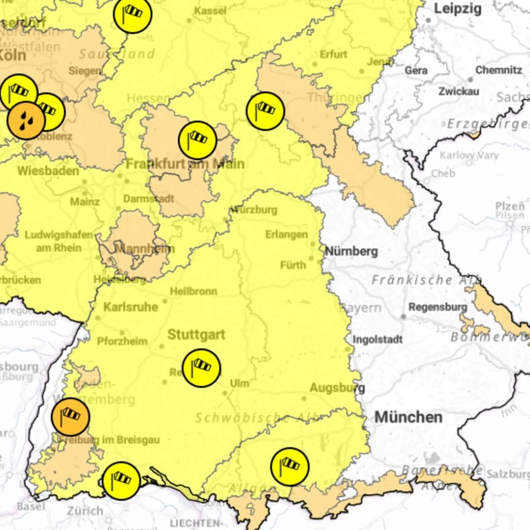 Die Warnkarte: In weiten Teilen Deutschlands herrscht laut DWD Gefahr.