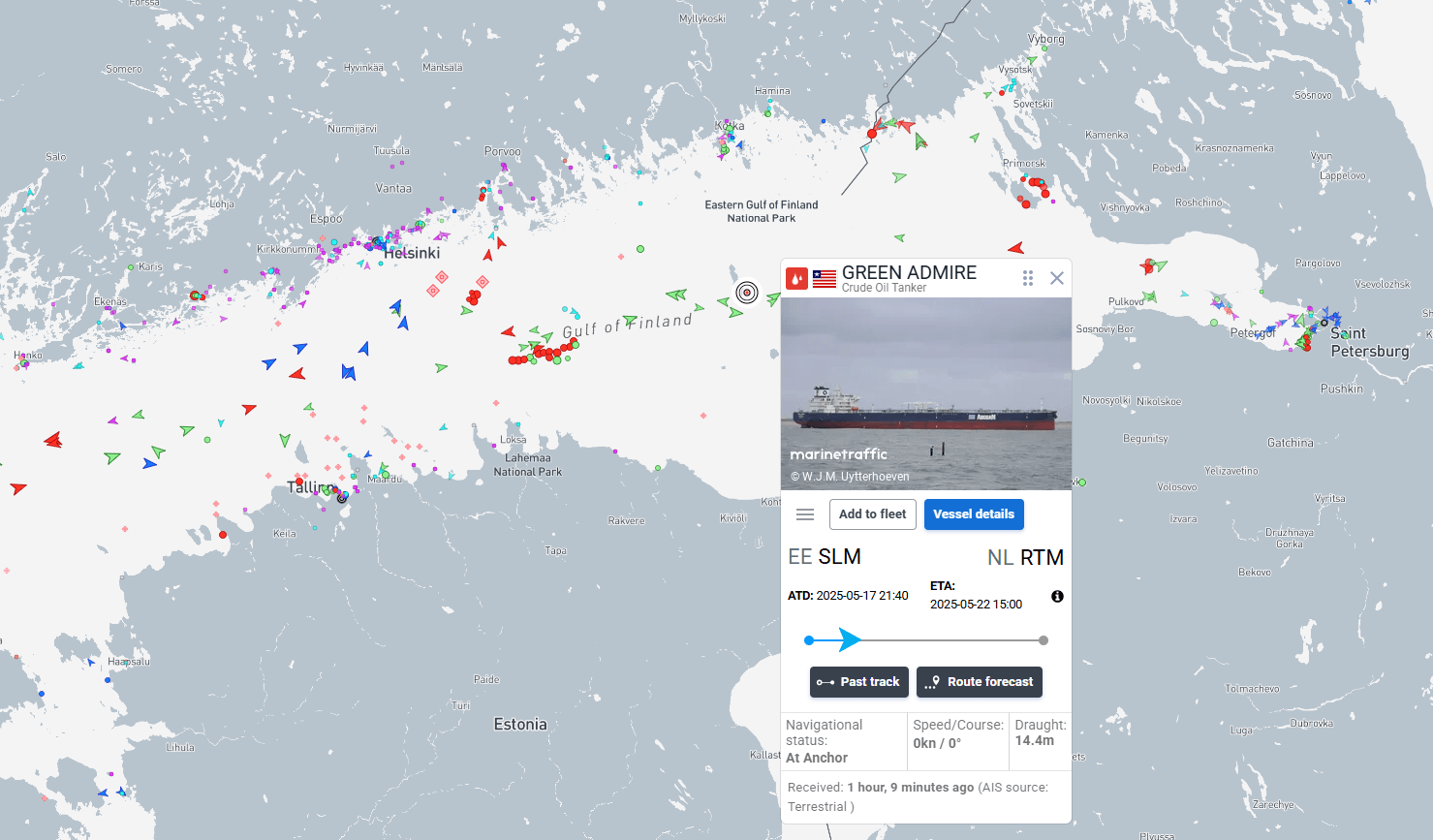 Die Webseite marinetraffic.com zeigt den Tanker "Green Admire" im finnischen Meerbusen.