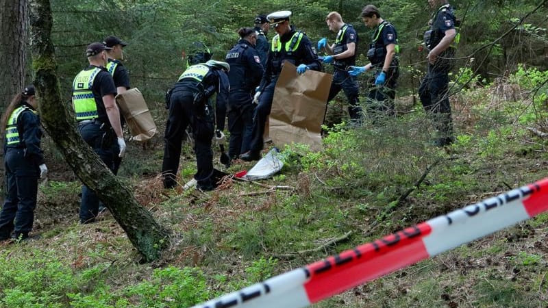 Hamburg: Einsatzkräfte der Polizei suchen in einem Wald nach Spuren.