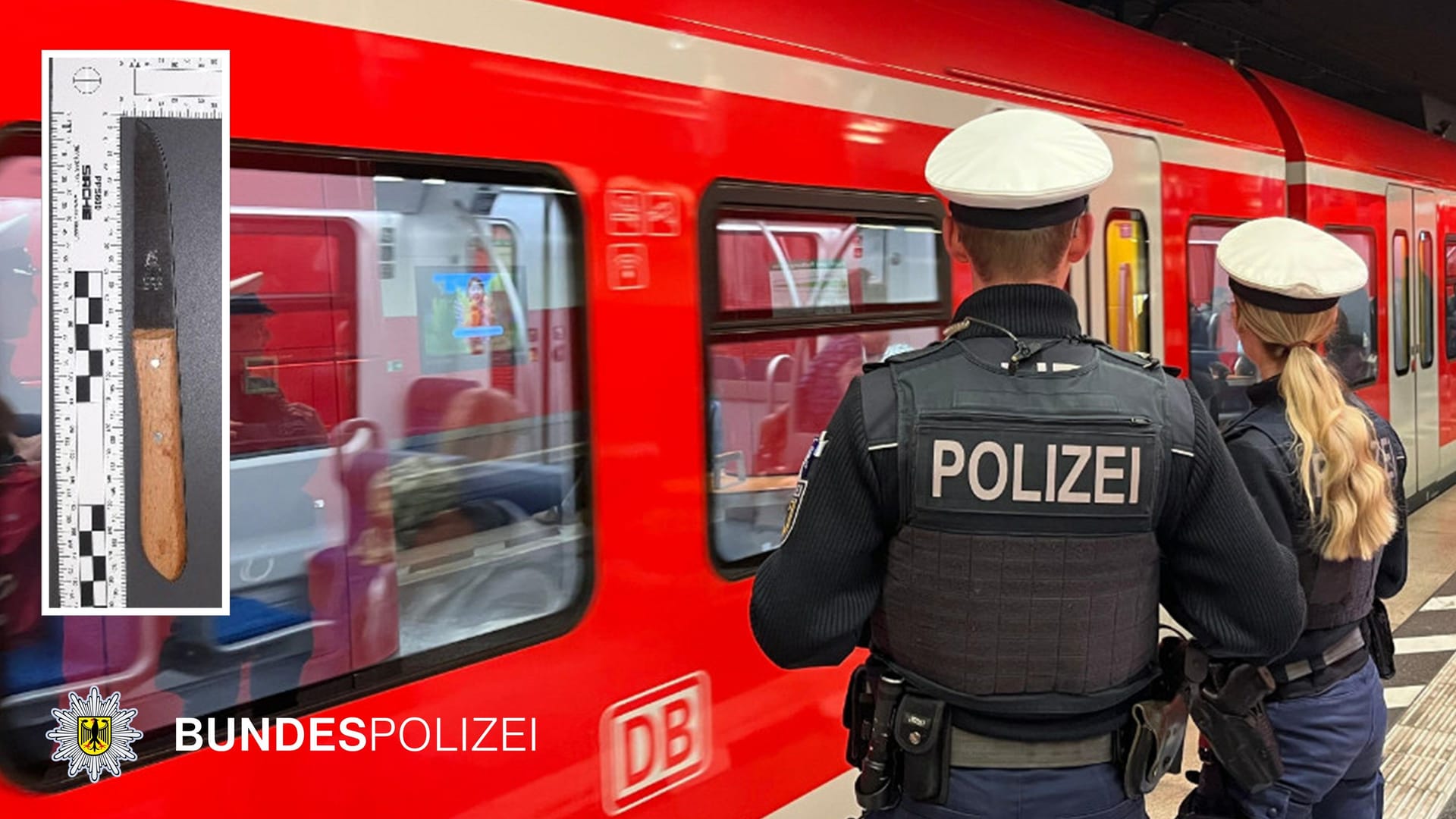 Bundespolizisten vor einer S-Bahn (Fotomontage): Links das sichergestellte Messer.