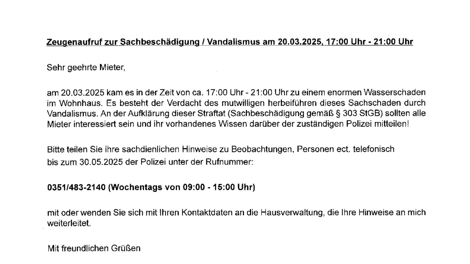 Ein Auszug aus dem Zeugenaufruf.