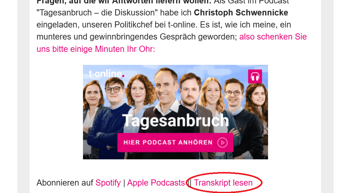 Link zum Transkript im "Tagesanbruch"-Newsletter in einem E-Mail-Postfach