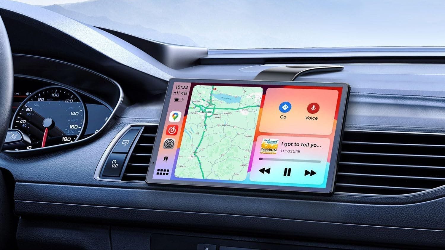 Das tragbare Autoradio von Krunia funktioniert kabellos und unterstützt Android Auto. Das tragbare Autoradio von Krunia funktioniert kabellos und unterstützt Android Auto.