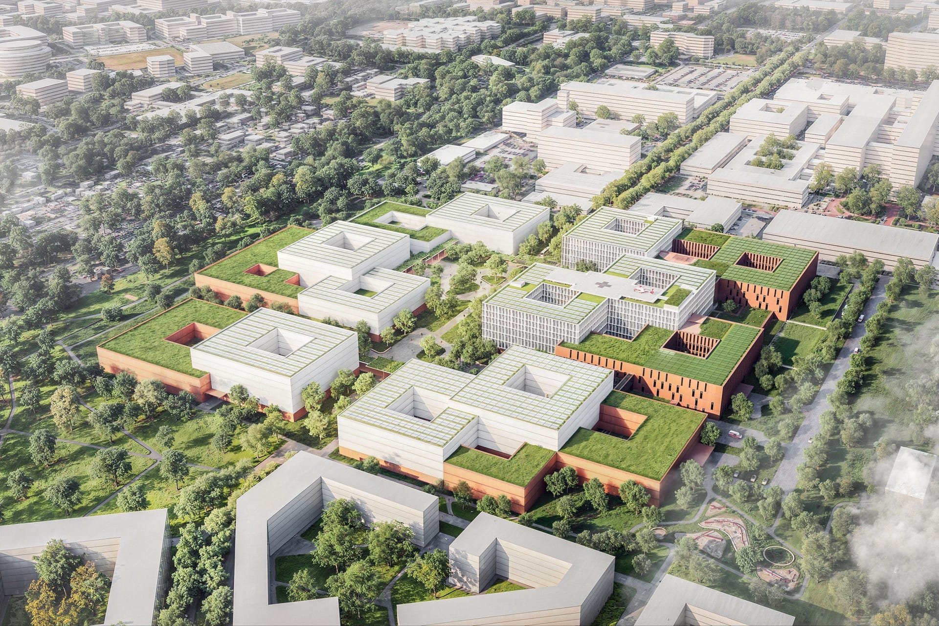Die Campus-Erweiterung der MHH grenzt direkt an den Stadtwald und soll mit den grünen Höfen und bepflanzten Dächern zum integrativen Teil des Klinikkonzepts werden.