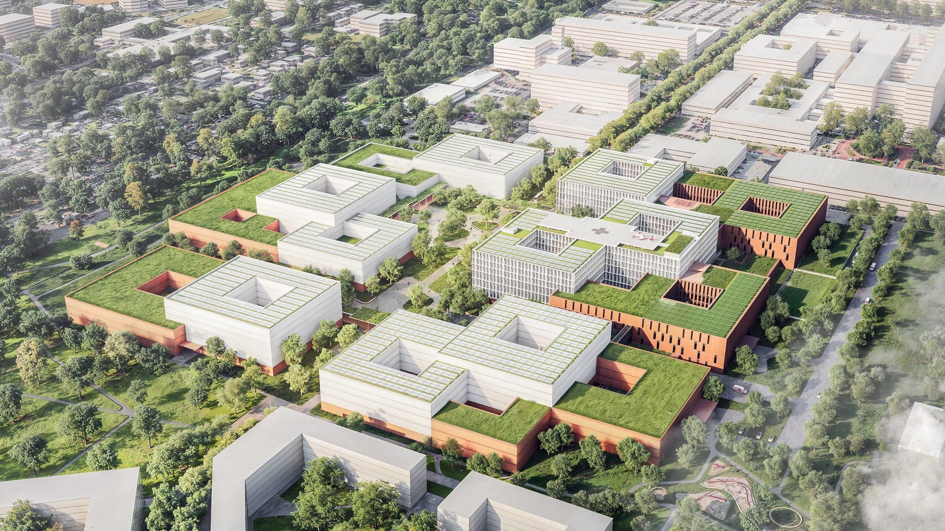 Die Campus-Erweiterung der MHH grenzt direkt an den Stadtwald und soll mit den grünen Höfen und bepflanzten Dächern zum integrativen Teil des Klinikkonzepts werden.