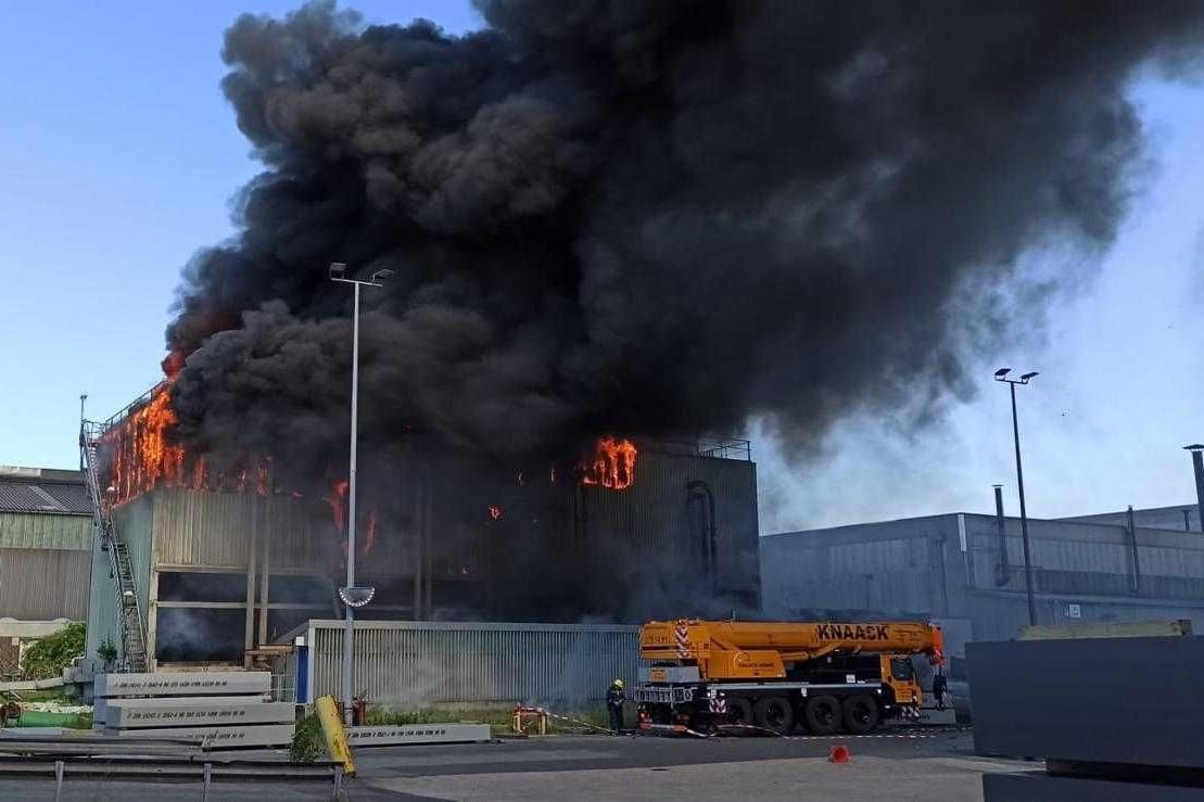 Dichter Rauch über dem Hamburger Hafen: In Altenwerder steht ein Kühlhaus in Flammen.