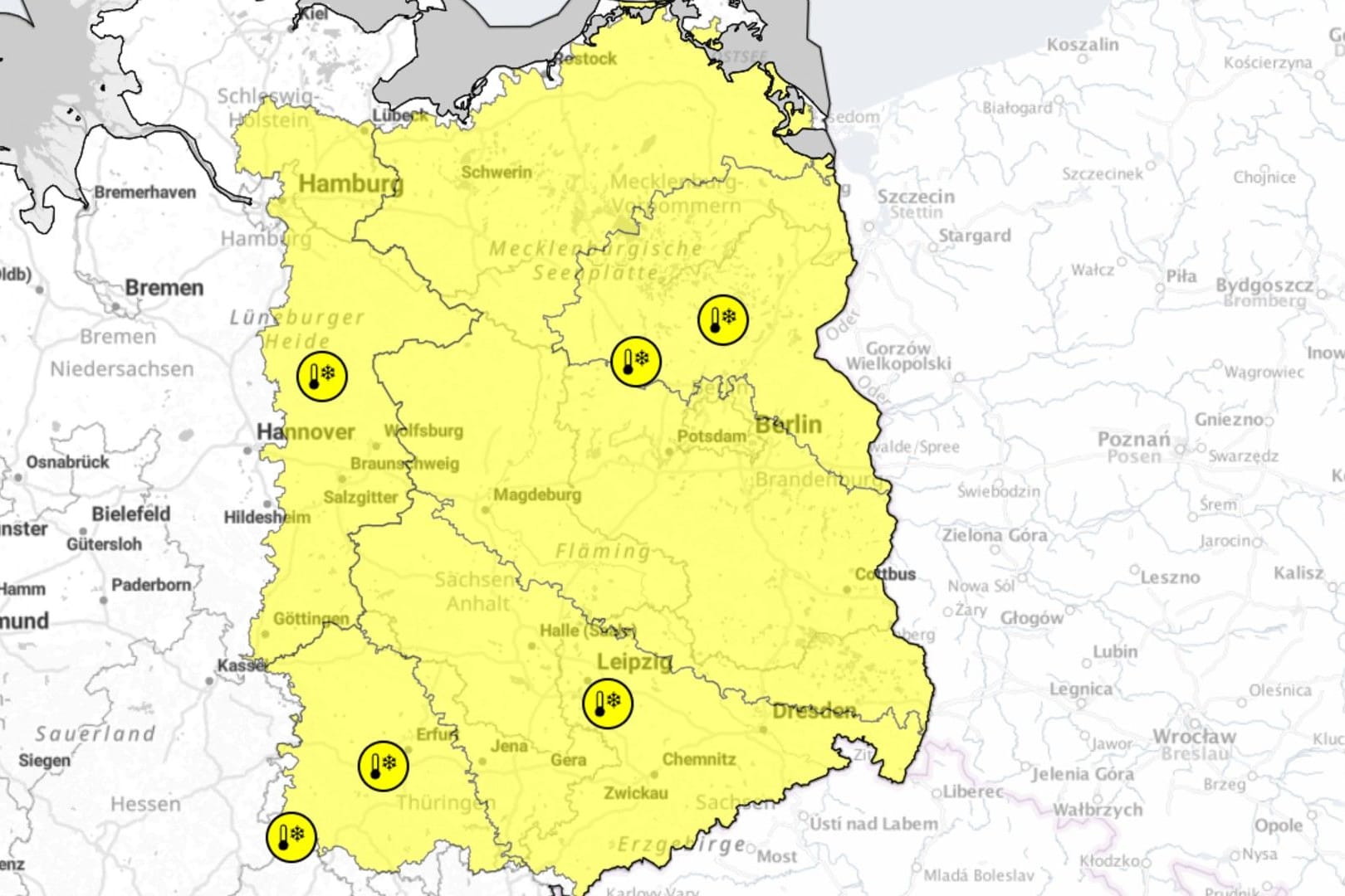 Warnkarte des Deutschen Wetterdienstes: In Berlin werden bis zu -5 Grad in Bodennähe erwartet, in Dresden -3 Grad, in Hamburg bis zu -4 Grad.