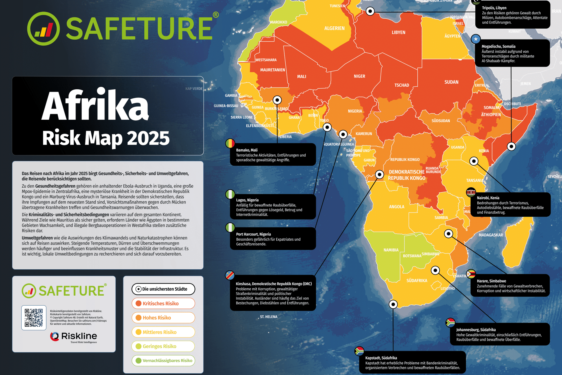 Die Karte zeigt das Sicherheitsrisiko in afrikanischen Ländern: Rot bedeutet "kritisch", hellgrün bedeutet "geringes Risiko".