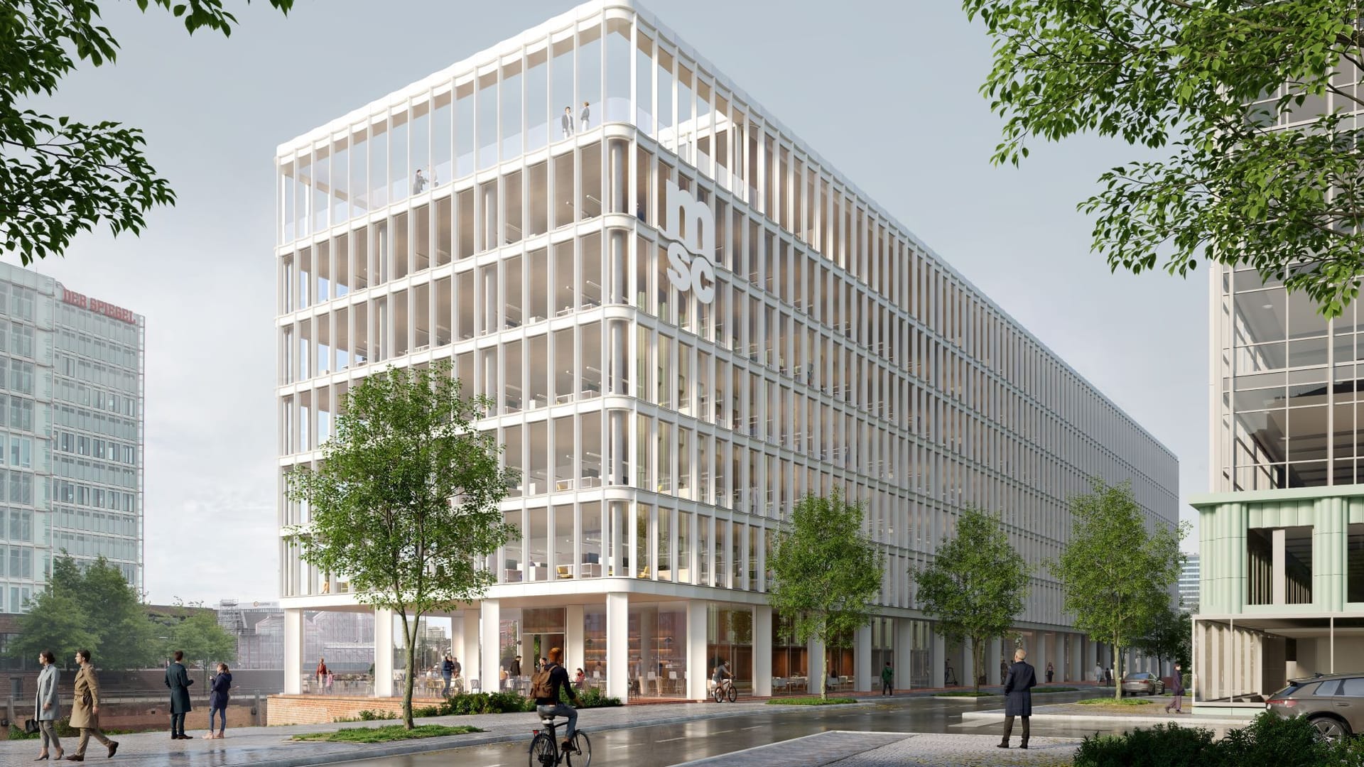 Blick von der Straße auf die neue MSC-Zentrale: Der Bau orientiert sich an der traditionellen Hafenarchitektur
