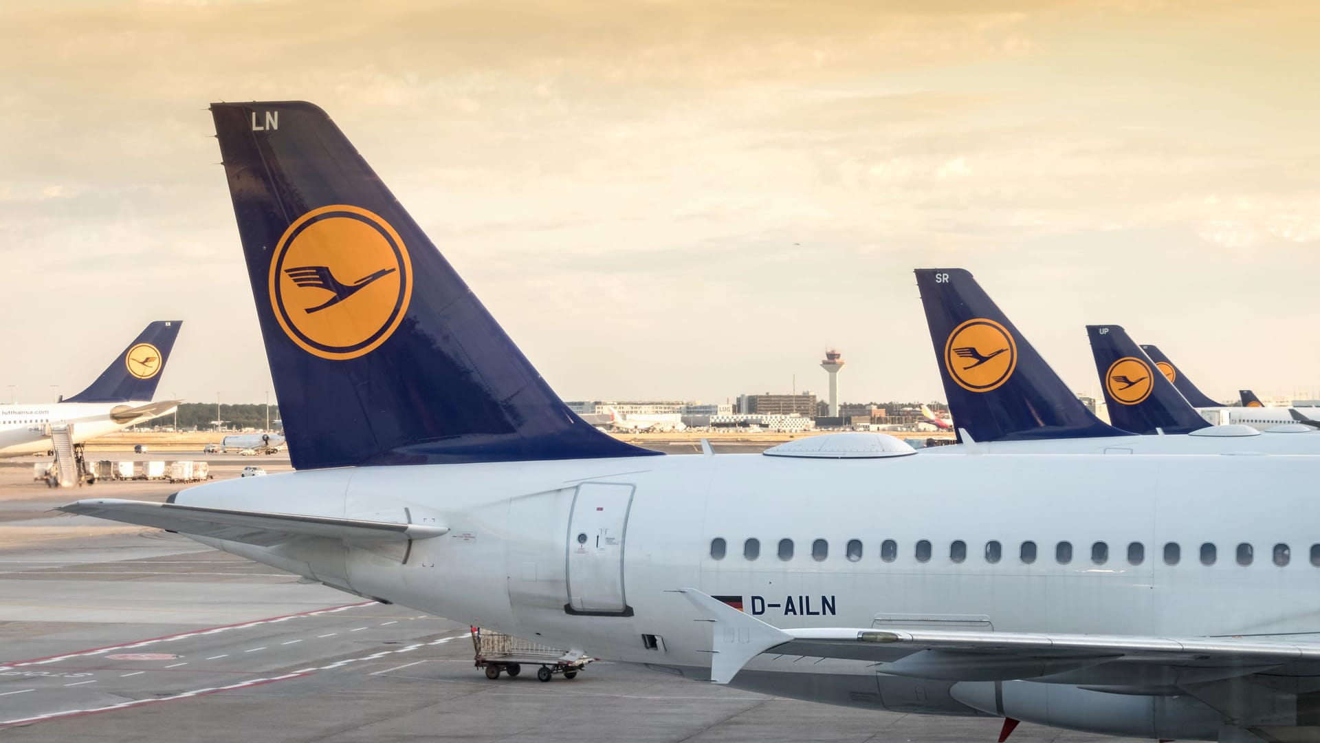 Group of the tail wings of airplanes at Frankfurt airport.