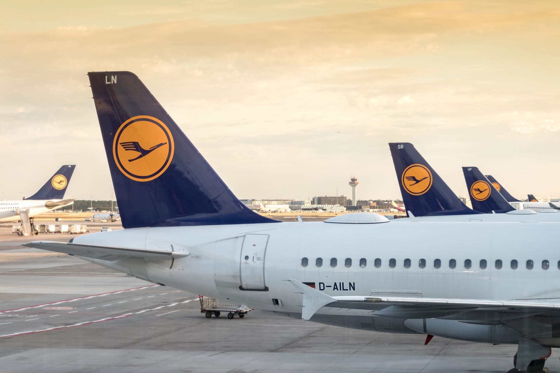 Group of the tail wings of airplanes at Frankfurt airport.