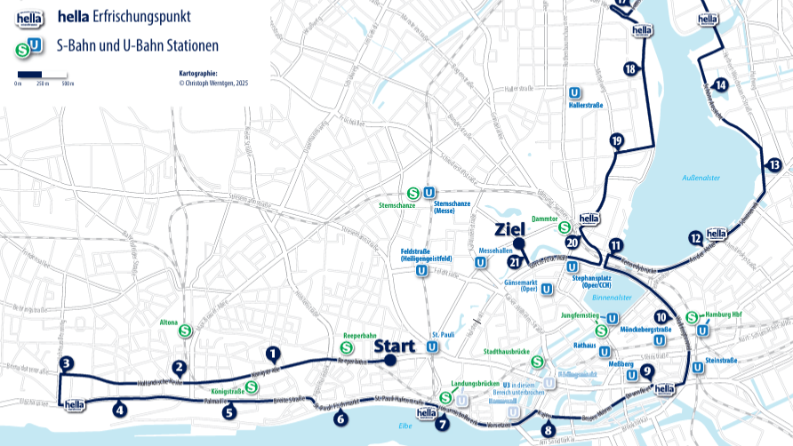 Streckenführung des Halbmarathons: Entlang der gekennzeichneten Abschnitte kommt es zu Sperrungen – und das bereits ab 4 Uhr am Morgen.